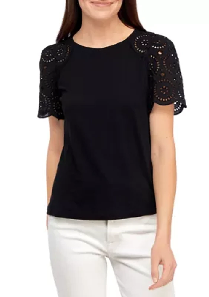 Petite Short Sleeve Eyelet Top