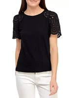 Petite Short Sleeve Eyelet Top