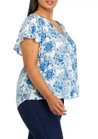 Plus Short Flutter Sleeve Split Neck Top