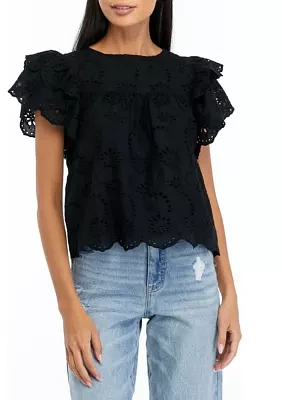 Petite Double Layer Ruffle Sleeve Lined Lace Blouse