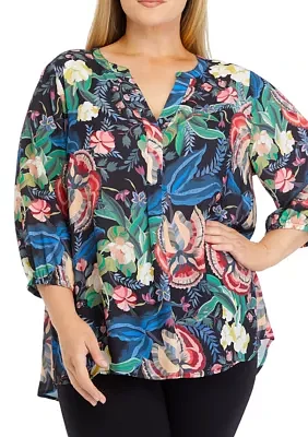 Plus 3/4 Sleeve Split Neck Printed Top