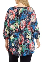 Plus 3/4 Sleeve Split Neck Printed Top