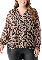 Plus Long Sleeve Split Neck Metallic Printed Blouse