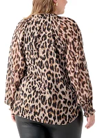 Plus Long Sleeve Split Neck Metallic Printed Blouse