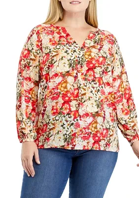 Plus Long Sleeve Split Neck Printed Hi-Low Hem Top