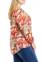 Plus Long Sleeve Split Neck Printed Hi-Low Hem Top