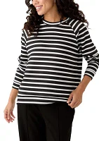 Petite Allover Stripes Long Raglan Sleeve Crew Neck Top with Front Forward Seam