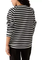 Petite Allover Stripes Long Raglan Sleeve Crew Neck Top with Front Forward Seam