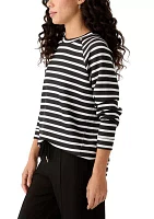 Petite Allover Stripes Long Raglan Sleeve Crew Neck Top with Front Forward Seam