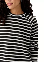 Petite Allover Stripes Long Raglan Sleeve Crew Neck Top with Front Forward Seam