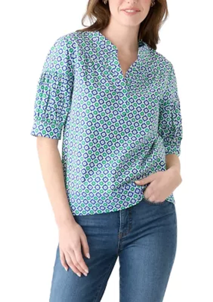 Women's Elbow Puff Sleeve Printed Top