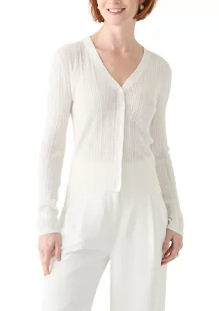 Women's Long Sleeve V-Neck Button Down Rib Linen Blend Cardigan