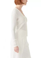 Women's Long Sleeve V-Neck Button Down Rib Linen Blend Cardigan