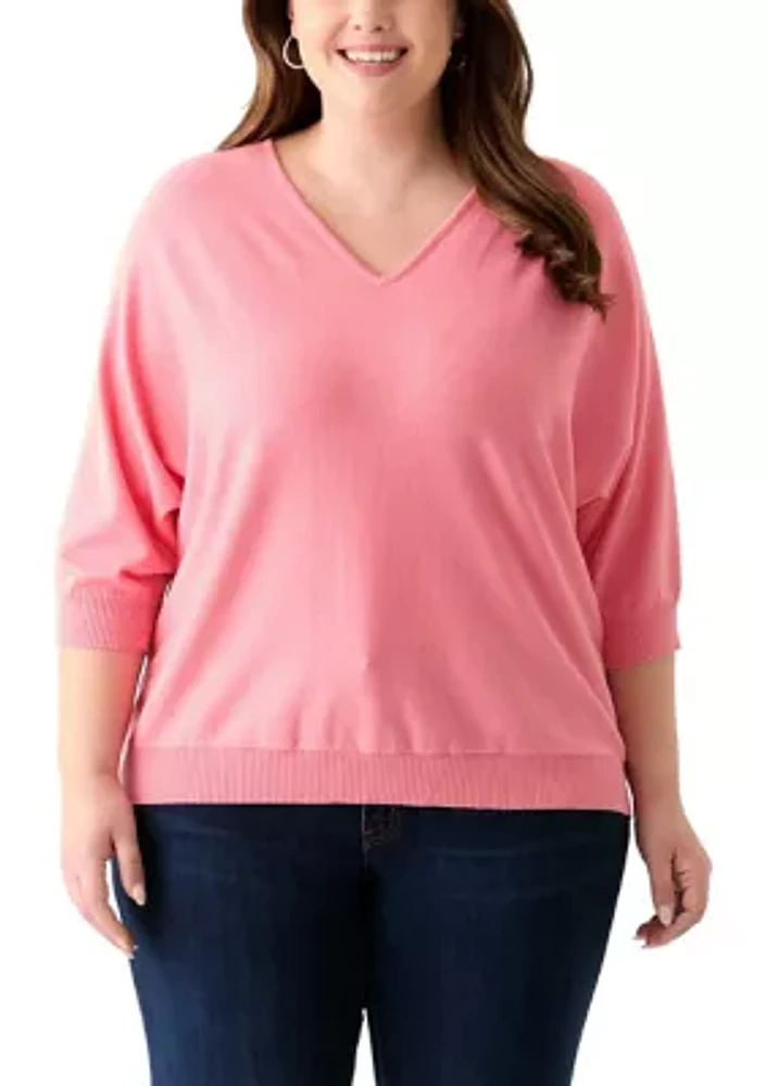 Plus 3/4 Sleeve V-Neck Knit Sweater