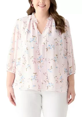 Plus 3/4 Chiffon Sleeve Woven Blouse