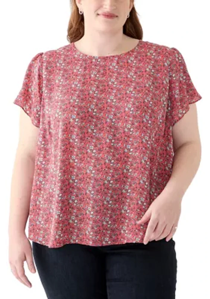 Plus Short Sleeve Button Back Woven Blouse