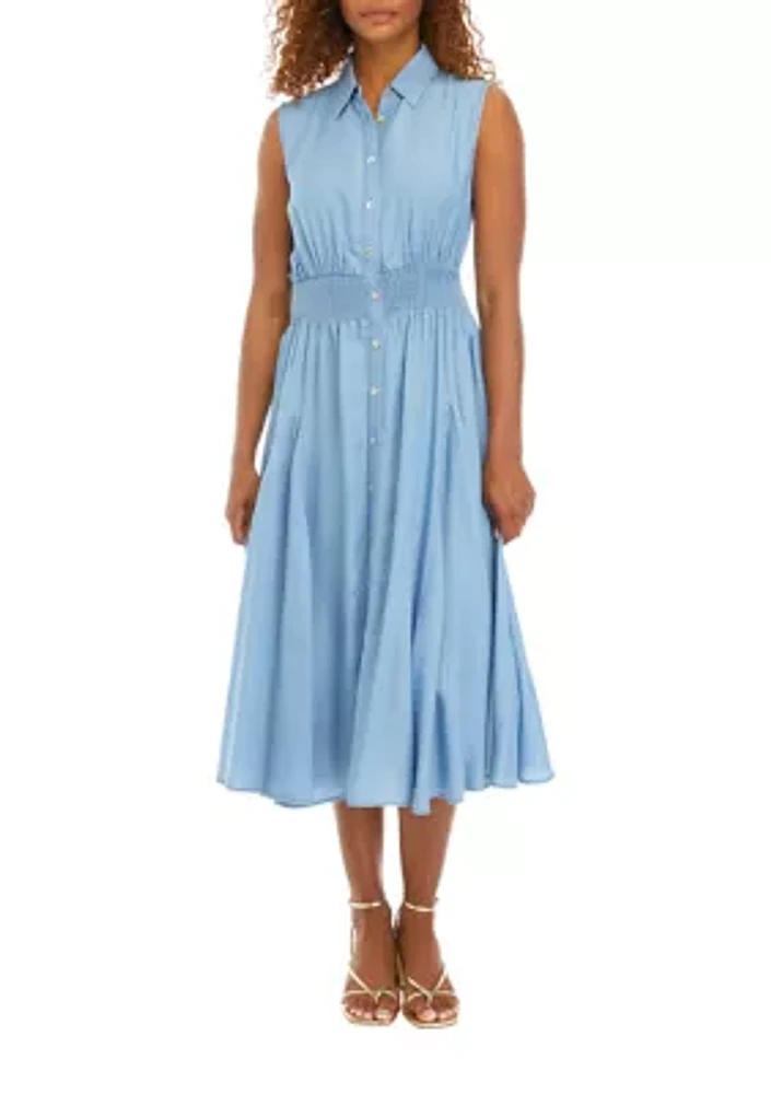 Women's Collared Button Front Dress with Smocked Waist