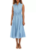 Women's Collared Button Front Dress with Smocked Waist