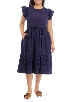 Plus Mixed Media Dress with Ruffle Sleeve and Eyelet Hem