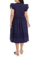 Plus Mixed Media Dress with Ruffle Sleeve and Eyelet Hem