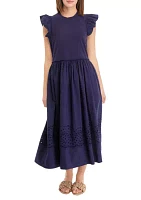 Women's Flutter Sleeve Mixed Media Eyelet Midi Dress