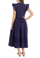 Women's Flutter Sleeve Mixed Media Eyelet Midi Dress