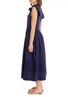 Women's Flutter Sleeve Mixed Media Eyelet Midi Dress