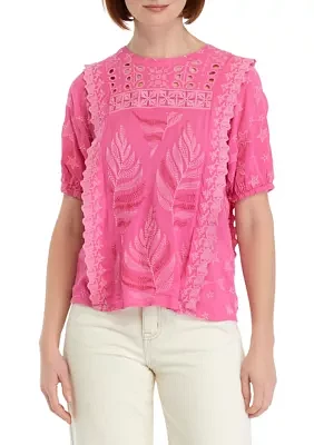 Women's Puff Sleeve Embroidered Woven Top