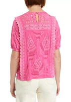 Women's Puff Sleeve Embroidered Woven Top