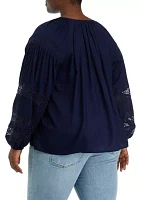 Plus Long Sleeve Tied Shirred Neck with Lace Inset Detail