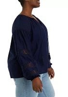 Plus Long Sleeve Tied Shirred Neck with Lace Inset Detail