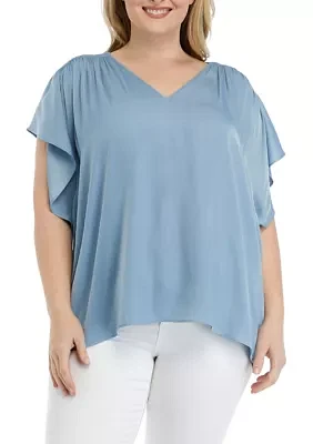 Plus V-Neck Top with Shirred Shoulders