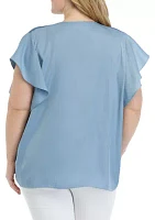 Plus V-Neck Top with Shirred Shoulders