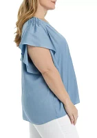 Plus V-Neck Top with Shirred Shoulders