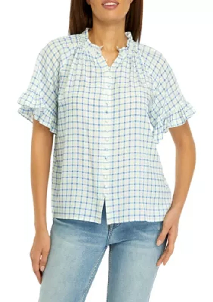 Women's Ruffle Sleeve Printed Button Up Shirt