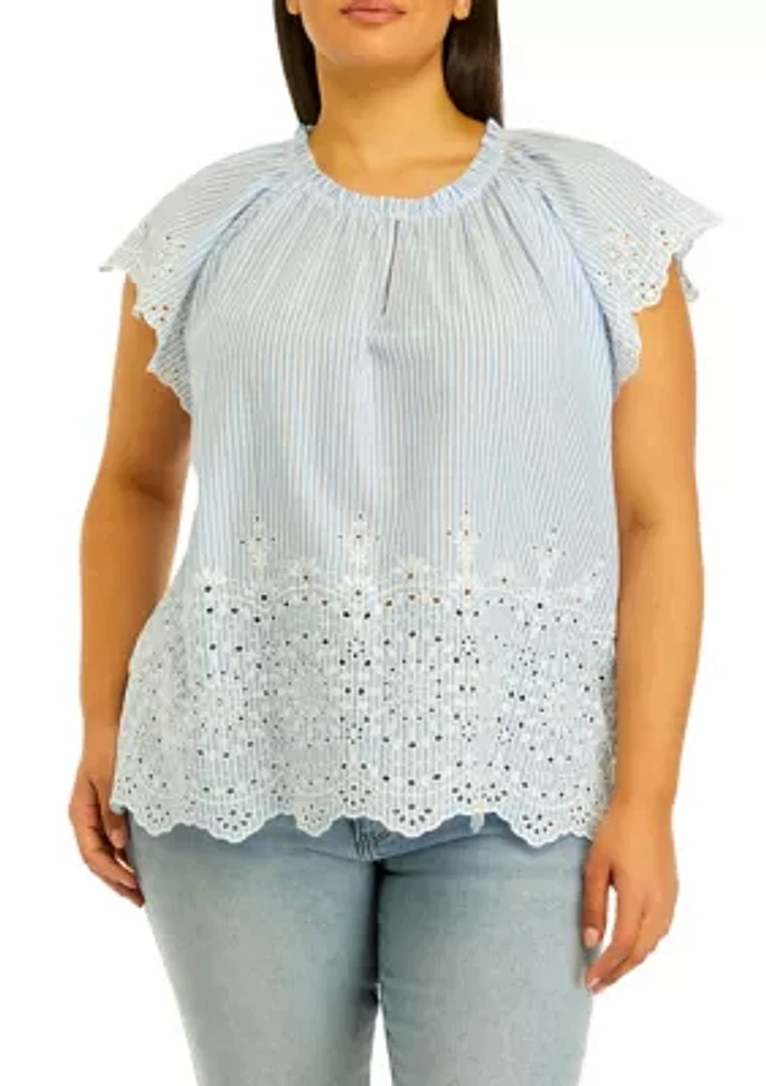 Plus Short Sleeve Ruffle Button Front Top