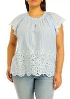 Plus Short Sleeve Ruffle Button Front Top