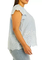 Plus Short Sleeve Ruffle Button Front Top