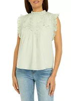 Women's Sleeveless Ruffled Embroidered Woven Top