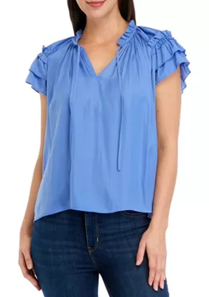 Women's Double Ruffle Sleeve Tie Neck Airflow Blouse