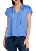 Women's Double Ruffle Sleeve Tie Neck Airflow Blouse