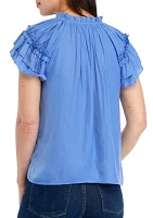 Women's Double Ruffle Sleeve Tie Neck Airflow Blouse