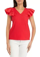 Women's Ruffle Sleeve V-Neck Mixed Media Knit Top