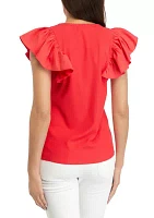 Women's Ruffle Sleeve V-Neck Mixed Media Knit Top