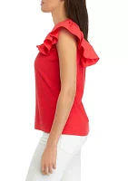 Women's Ruffle Sleeve V-Neck Mixed Media Knit Top