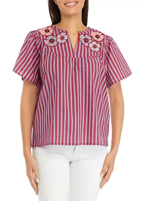 Women's Short Sleeve Stripe Embroidered Peasant Top