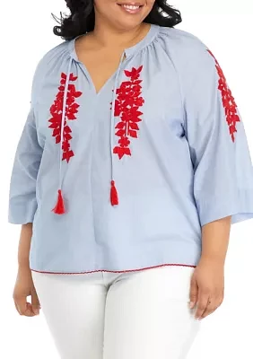 Plus Embroidered Peasant Top