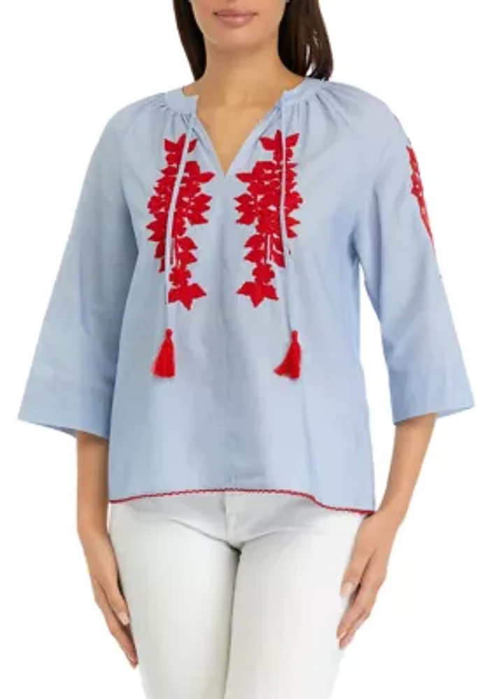 Women's 3/4 Raglan Sleeve Embroidered Peasant Top