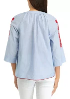 Women's 3/4 Raglan Sleeve Embroidered Peasant Top