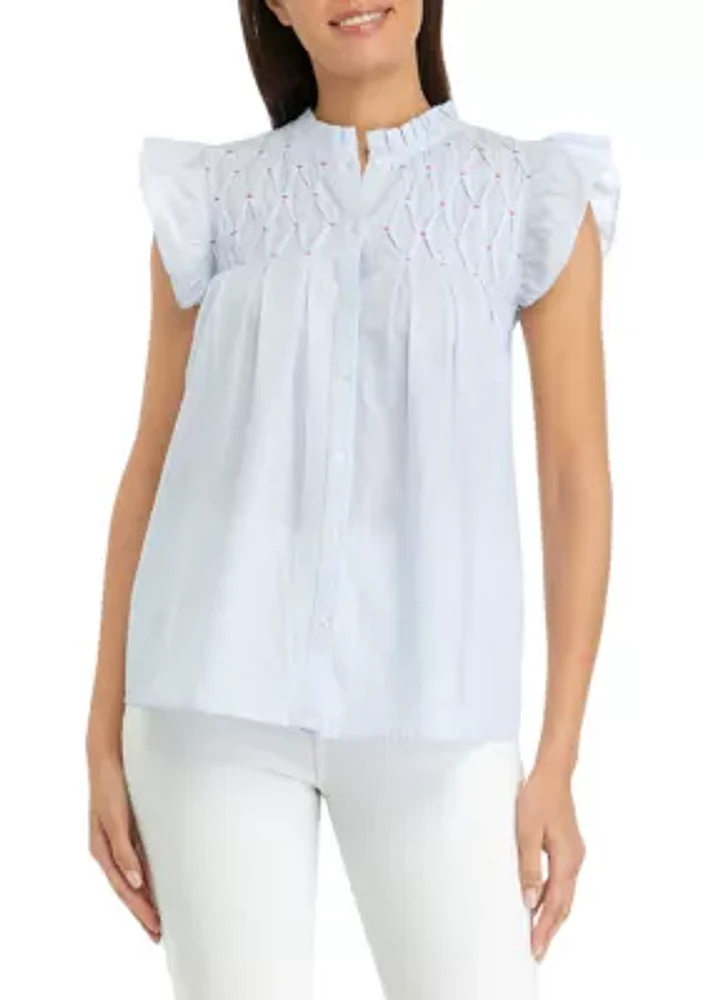 Women's Ruffle Embroidered Button Front Top